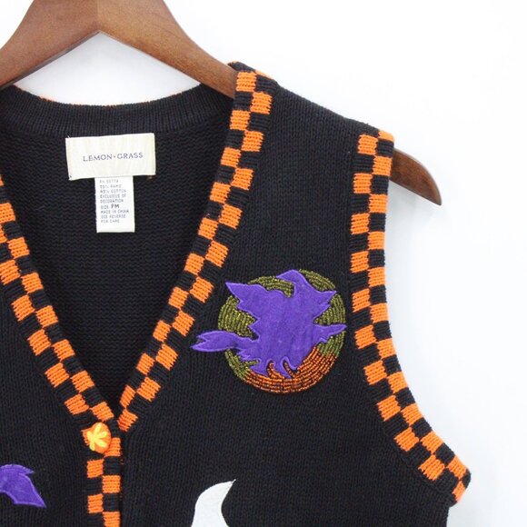 Vintage Lemon Grass Vest Womens Petite Black Halloween Theme Embroidered Size PM - Picture 2 of 9